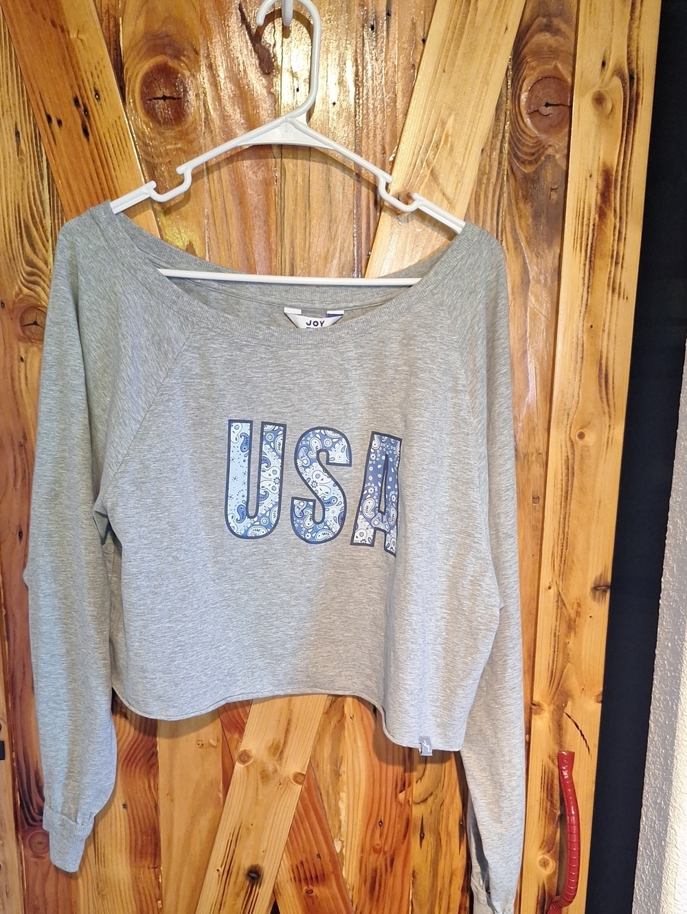 Joylab Medium Gray Off The Shoulder Cropped USA Sweatshirt Top NWT